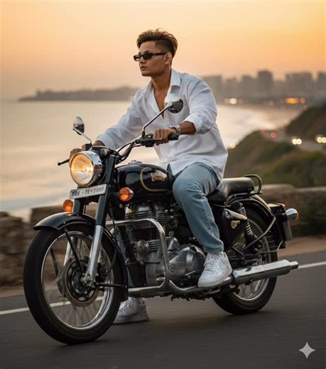 G__patel official on Instagram: "geminitrend❤️..🤙🏻😉 .. .. 🤙🏻🤙🏻🤙🏻🤙🏻😎😎🤙🏻🤙🏻🤙🏻🤙🏻🤙🏻🤙🏻🖤 A SLIM-FIT 5'9 YOUNG MAN RIDING HIS BLACK ROYAL ENFIELD BULLET 350, GLANCING CONFIDENTLY TO THE SIDE, HANDS ON THE HANDLEBARS, LEANING NATURALLY INTO THE RIDE. HE'S WEARING AN OVERSIZED WHITE LINEN SHIRT WITH THE TOP BUTTONS OPEN, LIGHT BLUE BAGGY JEANS, AND CLEAN WHITE NIKE AIR FORCE 1 SNEAKERS. A SILVER WRISTWATCH SHINES SUBTLY ON HIS WRIST, AND NARROW-FRAME RECTANGULAR CLASSY SUNGLASSES
