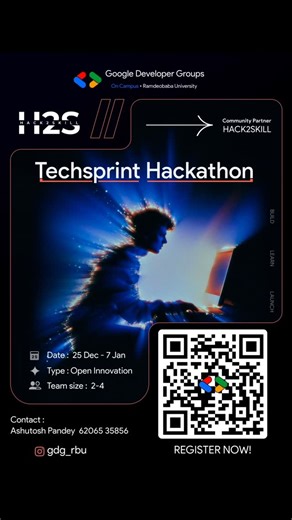 GDG On Campus RBU on Instagram: "They knocked.They asked. They doubted🚪⁉️ We answered once. 🚀 GDG On Campus TechSprint 2026 is HAPPENING Now the door is closing. Doubts stay outside. The real builders step in. 📅 Dec 25 – Jan 7 👥 Teams of 2–4 ⚙️ Built with Google Tech 🏆 Rewards • Mentorship • HackNagpur Entry 🔗 Register before the door opens for someone else 👀 (Link in bio) #Hackathon #gdgoncampus #gdg #google"