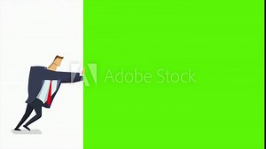 Businessman pushiung frame and chasing green screen away. Animated editing transition. Flat animation, isolated.