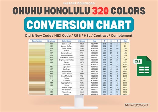 Ohuhu Honolulu 320 Color Conversion Chart (xls) | Old New Codes, Hex, Rgb, Hsl - Etsy UK