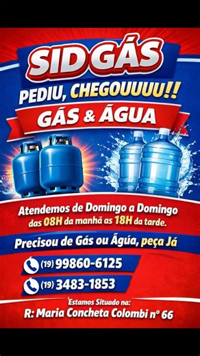 Galera de São Pedro 🚀 on Instagram: "Sid Gás 🔥 𝘈 𝘤𝘩𝘢𝘮𝘢 𝘲𝘶𝘦 𝘧𝘢𝘻 𝘴𝘶𝘢 𝘷𝘪𝘥𝘢 𝘮𝘦𝘭𝘩𝘰𝘳 Entregas Rápidas e com Confiança⬇️ 🔗 https://wa.me/c/42009192615937 🚨Atendemos de Domingo a Domingo dás 08H da manhã às 18H da tarde. Precisou de Gás ou Água, peça Já ⏬ ⏭️⏭️(19) 99860-6125 ⏭️⏭️(19) 3483-1853 Estamos Situado na R: Maria Concheta Colombi n° 66"