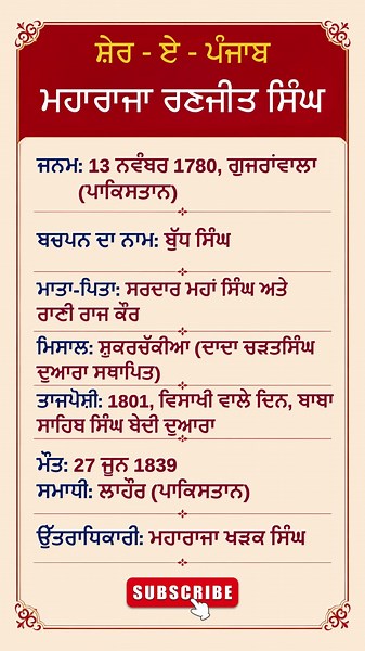 ਸ਼ੇਰ-ਏ-ਪੰਜਾਬ ਮਹਾਰਾਜਾ ਰਣਜੀਤ ਸਿੰਘ | Know about Sher-e-Punjab Maharaja Ranjit Singh