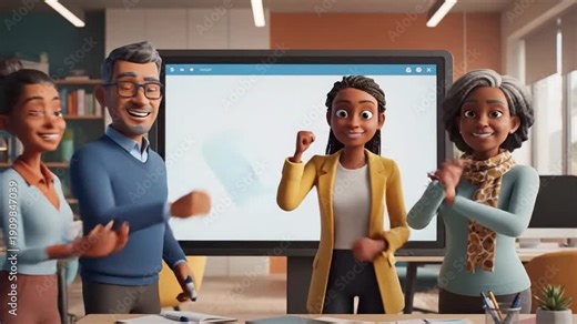 Team members discuss data charts in a meeting room setting with a large screen display in a modern office during work hours