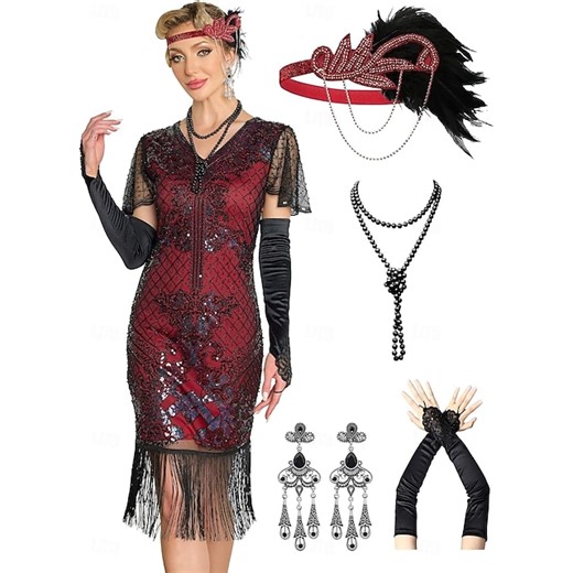 Set Roaring 20s 1920s Cocktail Dress Knee Length Flapper Dress Dress Outfits with Accessories Short Sleeves The Great Gatsby Charleston Sequins Tassel Fringe Feather V Neck Fancy Dress Women's 2025