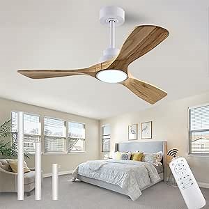 42" Wood Ceiling Fan with Lights Remote Control,Quiet DC Motor 3 Blade Ceiling Fans for Patio Living Room, Bedroom, Office,Indoor Outdoor(Raw wood+White)