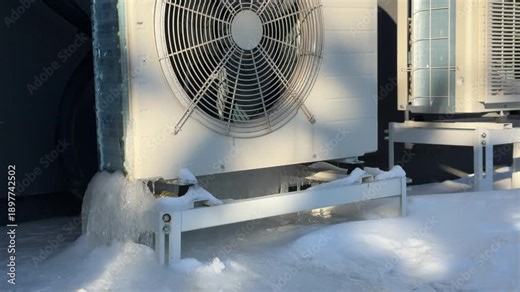 Massive Ice Buildup on Heat Pump Base. A static shot reveals a large block of ice encasing the base support of a heat pump, showing the effects of winter condensation freezing.
