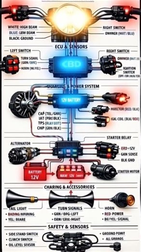 Headlight & Switches: Details connections for high beam, low beam, ground, and dimmer functions.