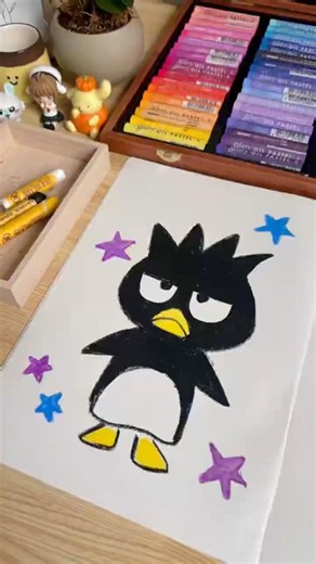 How to Draw "Badtz-Maru" Easily with Just 3 Colors🖤⟡.·#Crayon #HowToDraw #Illustration #OilPastel...
