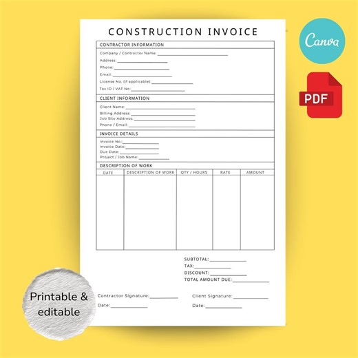 Printable Construction Invoice - Etsy UK