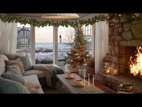 Fireplace & Ocean Sounds 🌊 Cozy Christmas Cabin Ambience | ASMR for Focus, Relaxation & Sleep