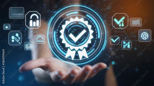 Person holding a glowing quality assurance certification badge with surrounding digital icons