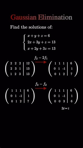 Math To Infinity ♾️ on Instagram: "Gaussian elimination is a systematic method for solving systems of linear equations by transforming the system into a simpler, equivalent one. You use row operations to turn the system’s augmented matrix into an upper triangular form (or row-echelon form), then solve by back-substitution. Follow @math2infinity for more maths visualizations. #mathematics #gaussian #etrainbrain #etrainbrainacademy #learnthroughplay learningthroughplay machinelearning aicommunity 