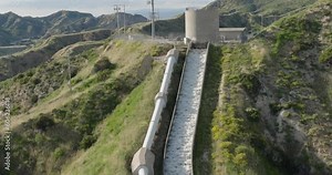 Los Angeles Aqueduct Cascades, pull-back shot of water moving down from the top. A Los Angeles County Public Works (LACWD) water project.