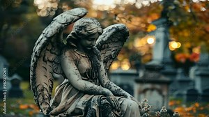 Mourning angel statue in cemetery, serene autumn background, turning in slow motion, symbol of grief and remembrance