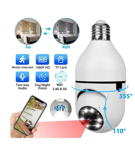 360 Degree E27 Light Bulb Camera, Wi-Fi Wireless Outdoor Light Bulb Camera, 1080P Outdoor Light Bulb Security Camera for Home Security with Night Vision Motion Detection