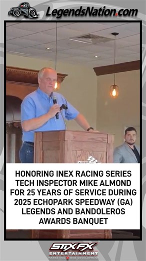 INEX Racing Series tech inspector Mike Almond was honored at the EchoPark Speedway (GA) Legends & Bandolero Awards Banquet for an incredible 25 years of dedicated service! 🙌 Check out the awesome video shared by Greg Campbell. Congrats, Mike. You rock! 🏁💯 | Legends Nation