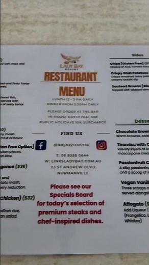 Lady Bay Resort Restaurant Menu