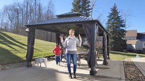 Domi 10’ X 14’ Hardtop Gazebo Canopy with Netting & Curtains, Outdoor Metal Gazebo with Galvanized Steel Double Roof for Patio Lawn and Garden, Gray