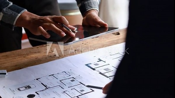 The home design architects are reviewing the house plan draft, the project commissioned by the client, and the custom design before delivery. Interior design and decoration ideas. Stock Video