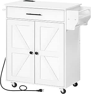 HOOBRO Kitchen Island with Power Outlet, Kitchen Storage Island with Large Worktop, Spice Rack and Drawer, Rolling Kitchen Island Cart on Wheels, for Kitchen and Dining Room, White WT88UZD01