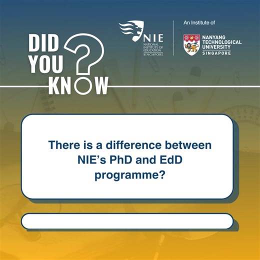 NIE’s Doctor in Education (EdD) programme is tailored for professionals in education and related fields, refining their expertise in both research and practice domains. If you're driven by a passion for discovery, aiming to become an expert in your field, and eager to contribute new knowledge, NIE’s Doctor of Philosophy programme is perfect for you. For more details on each programme, visit our January 2025 intake page: https://ntu.sg/NIEGradProgIntake . #NIENTU #NIEGPL #NTUsg #mastersdegree #do