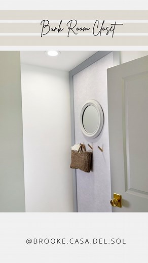 Cottage bunk room closet/changing space part 1 😅 This bunk room is a shared space with both genders changing in and out their bathing suits what seems like every five min 😜 I’ve decided to make this space a closet & changing area. I used some extra 🌊 wallpaper and trimmed it out with 1x4s, painted a mirror and some hooks and ta da one side of the space is done! Stick around for part 2!! Special DIY curtain & shelving Wallpaper source: @livetteswallpaper Light Blue Chinese Wave Pattern #closet