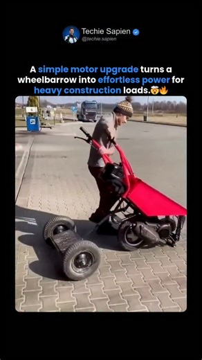 Techie Sapien - AI | Robotics | Next-gen Tech on Instagram: "Motor Upgrade Turns a Wheelbarrow Effortless 🤯🔥 A Simple Motor Upgrade Turns a Wheelbarrow Into Effortless Power 🤯🔥 A construction worker has transformed a standard wheelbarrow into a motorized, electric-powered transport tool, turning one of the most physically demanding job-site tasks into smooth, controlled motion. By integrating a compact electric motor, drivetrain, and powered rear axle into the wheelbarrow frame, manual pushi