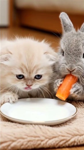 #cute kitten and cute rabbit drinking milk and eating carrot 🐇🐇🐈🐈