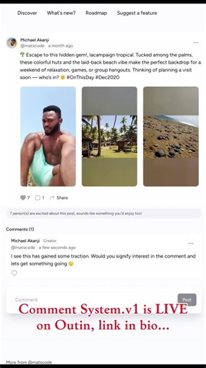 Outin's comment system v1 is now LIVE 🎉. Replies (v2) will be released tomorrow, so stay tuned. How will this feature make building your community and hosting activities easier for you? Share your thoughts in the comments below 👇🏽 https://outin.app/matscode/post/outins-comment-system-v1-is-live--replies-v2-1755201098 #BuildInPublic #StartupLife #ProductUpdate #CommunityBuilding #eventplatform