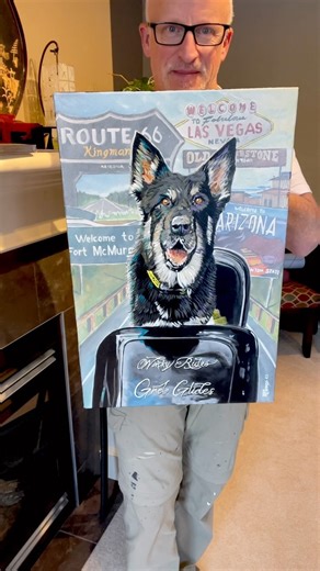 38 reactions | “Travellin’ Greb” is done and heading up to Sandy in #fortmcmurray. Only 10 limited edition embellished prints of this one will be offered. Follow @winkyrides for all the details. Funds raised support @fmspca. #art #artist #artforacause #paintingwithpurpose #ymm #dogsofinstagram #dogart #germanshepherd #painting #acrylicpainting #fineart #yyc #calgary #okotoks #highriver | Russell Thomas Art | Facebook
