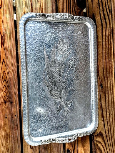 Vintage Rodney Kent Hand Wrought Hammered Embossed Aluminum Tulip Tray