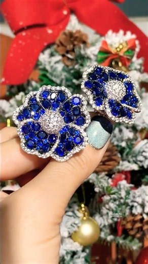 Sayabling 25ctw Blue and White Sapphire Blossom Statement Earrings