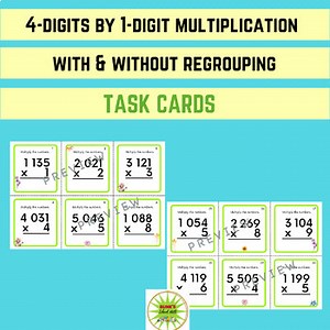 MULTIPLICATION OF 4 DIGITS W/WITHOUT REGROUPING TASK CARDS|4TH GRADE MATH