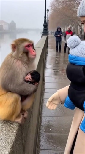 Mother Macaque Gently Reaches for Human Baby in Snowy New York Park