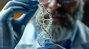 Scientist Holding DNA scientist holding or examining a 3D model of a DNA helix
