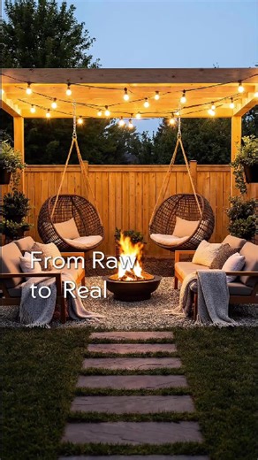 A complete backyard makeover from an empty yard into a cozy boho-style outdoor lounge. This cinematic time-lapse shows the full transformation process: from a bare, unfinished backyard to a warm and inviting outdoor living space with a wooden pergola, hanging swing chairs, soft string lights, a modern fire pit, gravel patio, and natural greenery. Perfect inspiration for anyone looking for: backyard makeover ideas, outdoor lounge design, boho backyard inspiration, modern landscaping, and cozy out