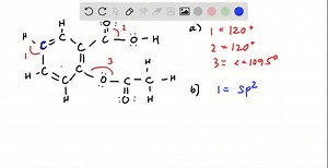 Acetylsalicylic acid, better known as aspirin, has the Lewis structure (a) What are the approximate values of the bond angles labeled 1,2, and 3 ? (b) What hybrid orbitals are used about the central atom of each of these angles? (c) How many σbonds are in the molecule? | Numerade