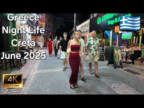 Greece Nightlife 2025: Hersonissos, Crete | 4K Ultra HD Walkthrough