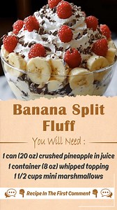 Banana Split Fluff 🍌🍫 A creamy, no-bake fluff dessert with crushed pineapple, banana pudding, whipped topping, marshmallows, fresh bananas, cherries, nuts, and chocolate chips, chilled for 15 minutes. Ingredients 1 container (8 oz) whipped topping, thawed 1 1/2 cups mini marshmallows Fυll ᖇecίpe in Coʍmеոτ 👇👇👇👇 Eոjoy ❤️👇👇👇👇 | Very Good Recipes