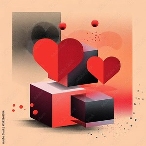 A bold and stylish three-tone poster featuring layered hearts and cubes floating in space, using a limited color palette of red, peach, and charcoal with soft grainy textures