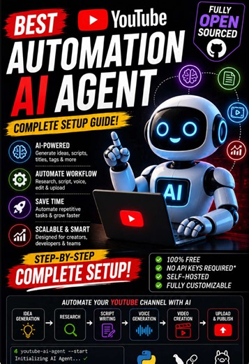 🤖 Best YouTube Automation AI Agent — FULL Setup! 🎥🔥 Want to automate parts of your YouTube workflow with AI? This fully open-source AI agent can help streamline content creation and save you time. 🚀 ✨ AI-Powered Automation 🎬 Content Creation Workflow 🧠 Open Source ⚡ Automate Repetitive Tasks 💻 Great for Creators & Developers 💾 Save this Reel for the complete setup 📤 Share it with a creator ❤️ Follow for more AI tools, GitHub repos & automation! ⚠️ Always review AI-generated content befo