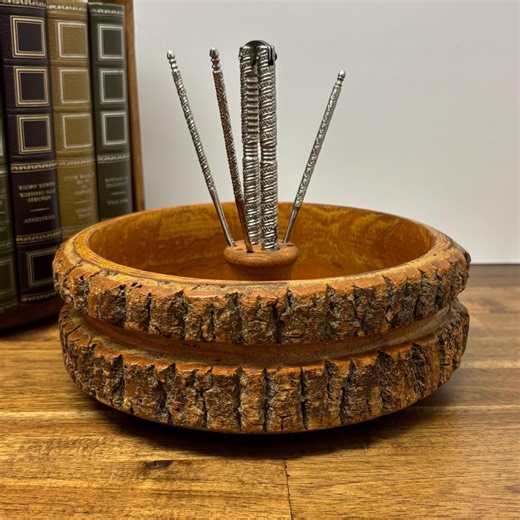 Ellwood Rustic Ware Wooden Nut Bowl With Bark, Nutcracker and Metal Picks, Retro Rustic Appetizer Bowl, Mid-century Decor - Etsy