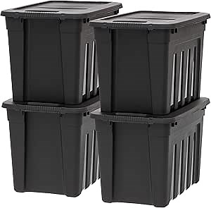 IRIS USA 20 Gallon Heavy Duty Storage Totes with Easy-Grip Handles, 4 Pack - Large Bins with Lids Garage Organizing Tubs, Durable Stackable Utility Containers, Made in USA - Black