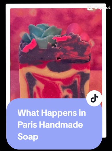 I love how this Cold Process Soap in What Happens in Paris came out! The beautiful navy blue and pinkish purple colors go so well together. #handmadesoap #perfumedupe #artisansoap #smallbusiness #coldprocesssoap