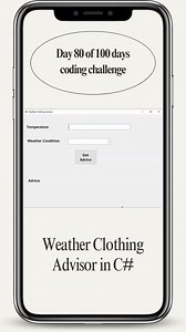 Day 80: Build a Simple Weather Clothing Advisor App in C# (WinForms) 🌤️ Wondering what to wear today based on the weather? In this video, I'll show you how to create a Weather Clothing Advisor app using C# WinForms! 🌧️☀️❄️ 🚀 What You'll Learn: How to build a user-friendly C# WinForms app How to input temperature and weather conditions using textboxes and dropdowns Generate tailored clothing advice based on the weather 💡 Project Overview: This app takes the temperature and weather conditions 