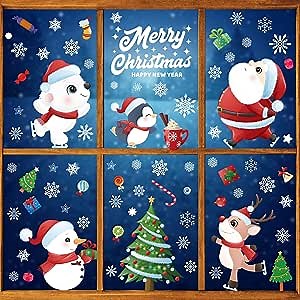 Christmas Window Stickers, UnityStar 9 Sheets Christmas Window Clings Christmas Window Decorations Xmas Snowflake Window Clings Double-Side Xmas Window Decals for Glass Frozen Theme Party