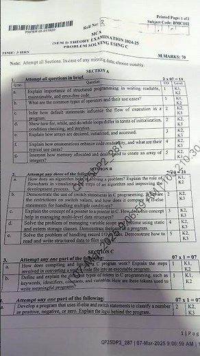 Aktu M.C.A 1 sem Problem Solving using C 2024-25 paper #cprogramming #problemsolving