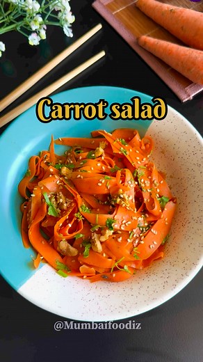 7.1K views · 72 reactions | 凌 Quick & Easy Healthy Carrot Salad 綾Ingredients:凌 3 big-sized carrots (peeled and thinly sliced with a peeler) 1/2 cup chopped walnuts 1/4 cup fresh coriander 1 tbsp soy sauce 1 tbsp vinegar 1 tbsp lime juice️ 1/2 tsp black pepper蓼 1/2 tsp salt㮝 2 tbsp olive oil 1 tbsp sesame seeds 1 tsp jaggery powder #carrotsalad #saladrecipe #salads #healthysalad #dietrecipe #weightlossrecipes #reels | Mumbaifoodiz | Facebook