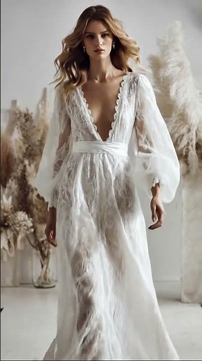 Boho Lace Wedding Dress with Deep V Neckline and Balloon Sleeves
