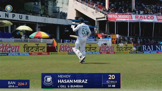 IND vs BAN 2024, 2ND Test: Mehidy Hasan Miraz Wicket
